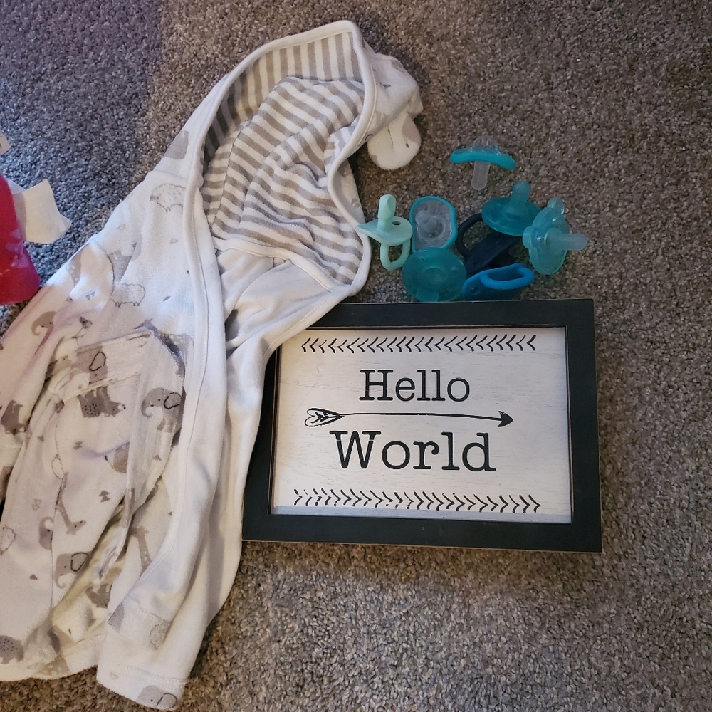 New Baby Binkies, "Hello World" Decorative Sign, & 0-9 Month Old Bath Robe